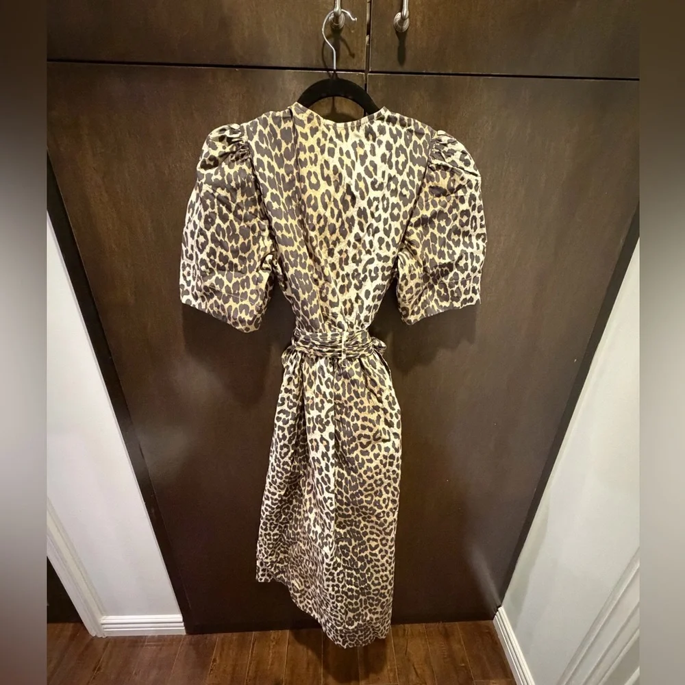 GANNI Leopard Printed Cotton Tie Strap Midi Dress - Picture 5 of 8